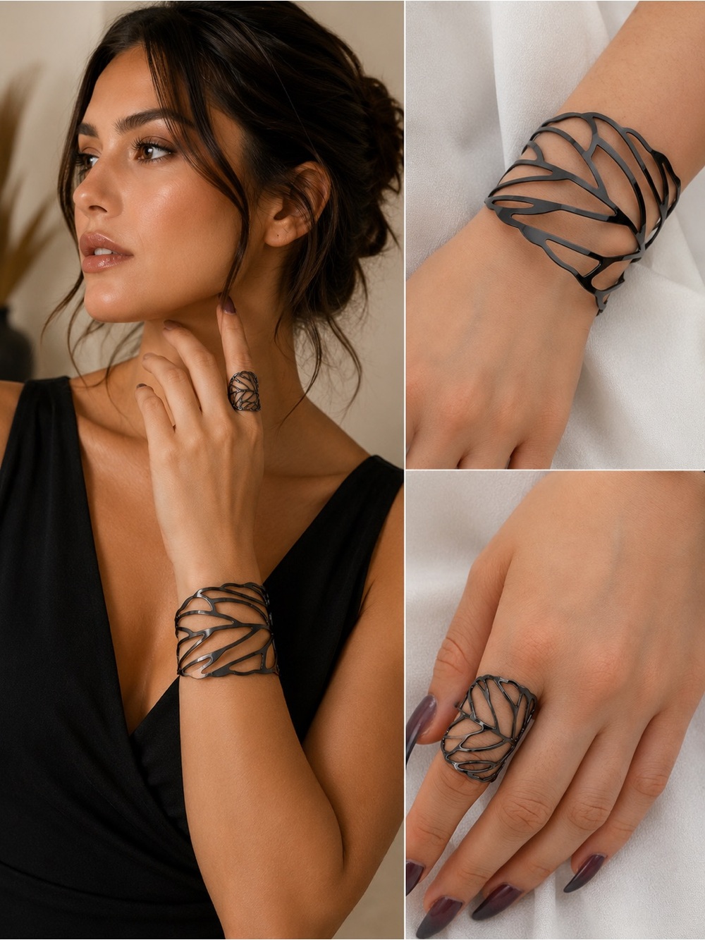 Black Openwork Sculptural Cuff Bracelet and Ring Set